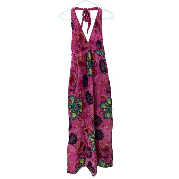 Vtg Lola P. Size L Maxi Halter Tie Neck Floral Dress Pink Boho Cotton Embroiderd - Picture 1 of 8